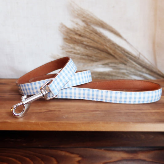 Blue Gingham Leather Dog Lead