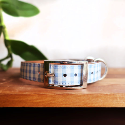 Blue Gingham Leather Dog Collar