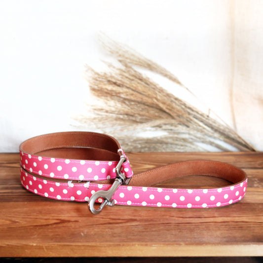 Pink Dotty Leather Dog Lead