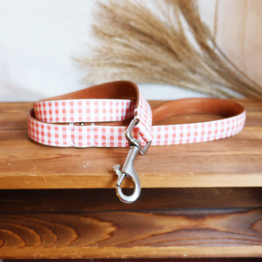 Pink Gingham Leather Dog Lead