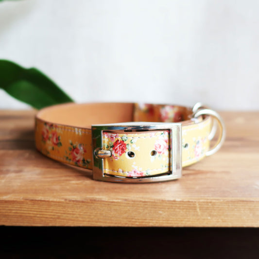 Yellow Rose Leather Dog Collar