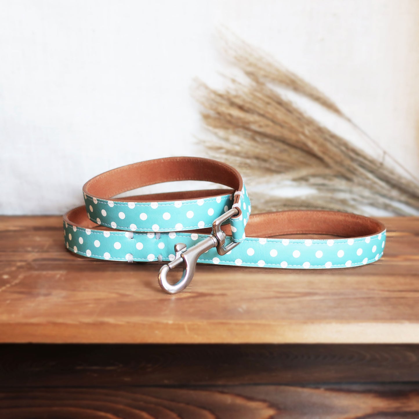 Blue Dotty Leather Dog Lead