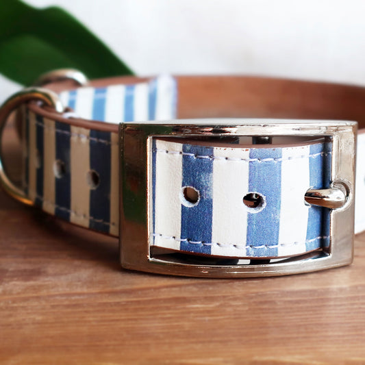 Blue Stripe Leather Dog Collar