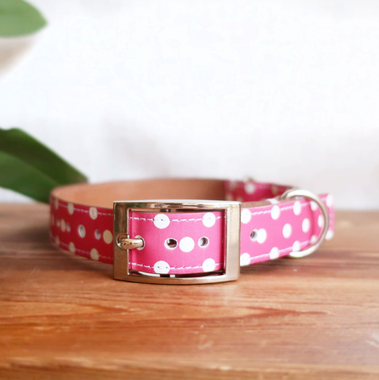Pink Dotty Leather Dog Collar