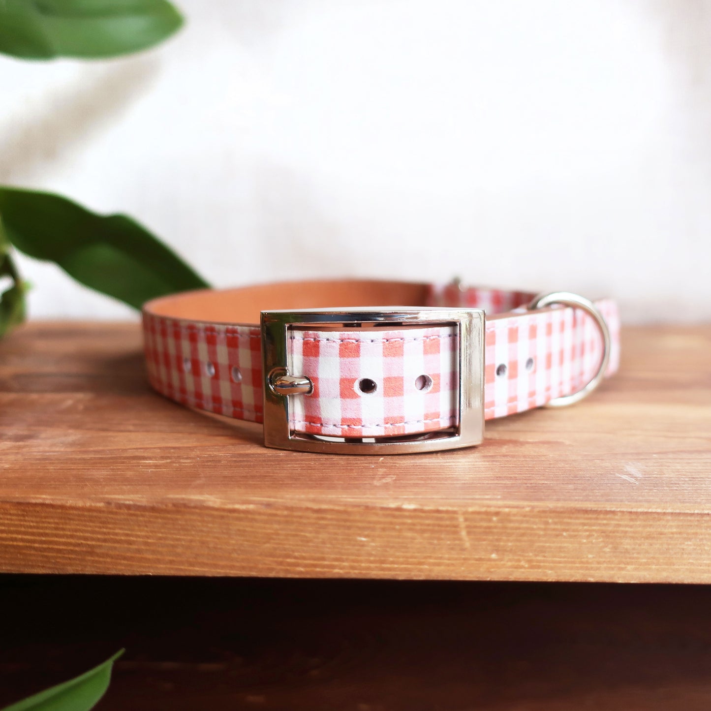 Pink Gingham Leather Dog Collar